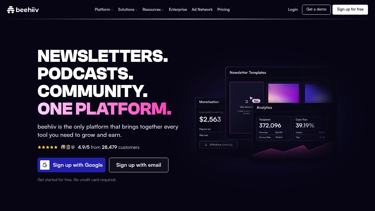 Screenshot of Beehiiv website