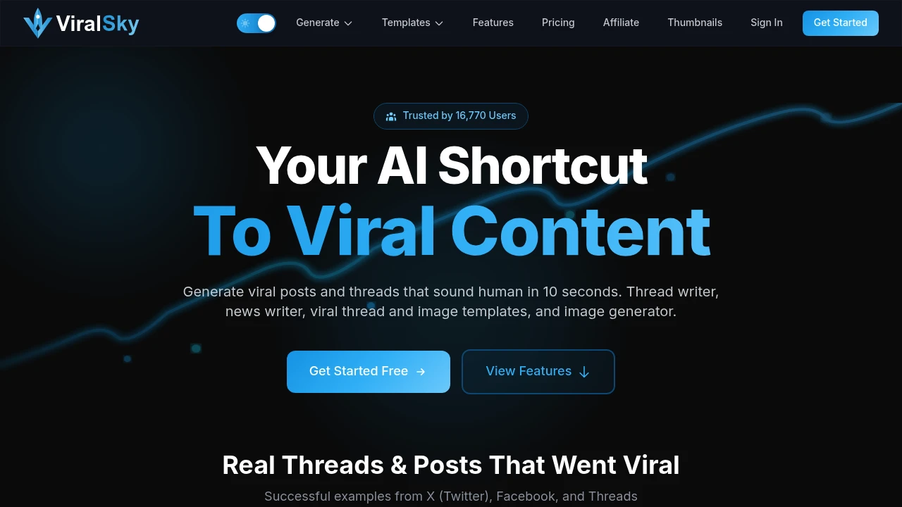 Screenshot of Viralsky website