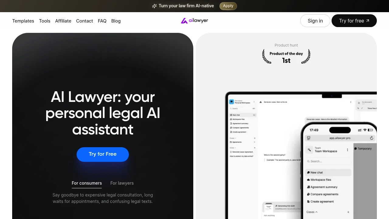 Screenshot of AI Lawyer website