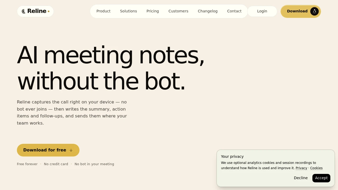 Screenshot of Reline website