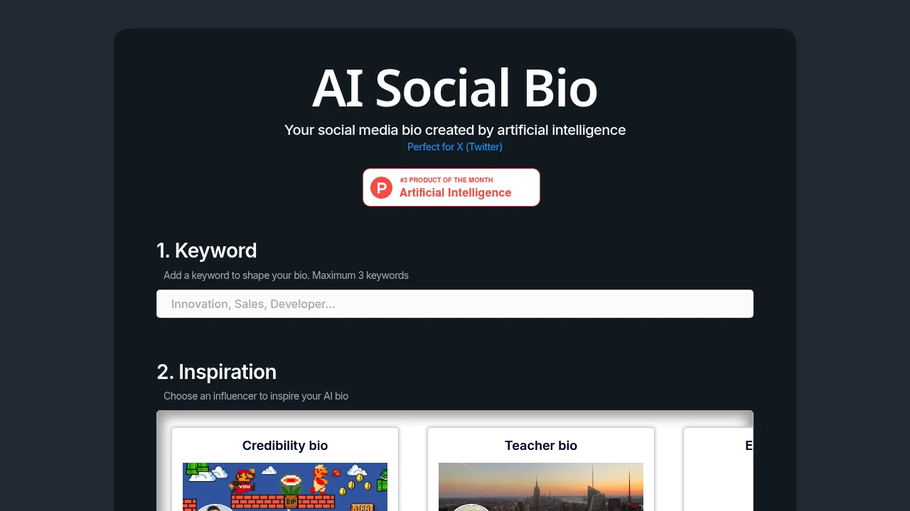 Screenshot of AI Social Bio website